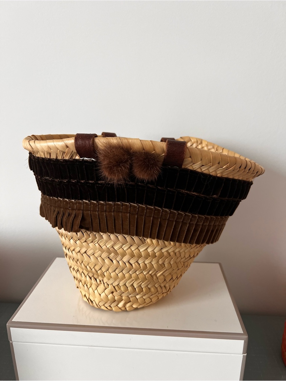 Vintage Woven Basket Tote with Brown Suede Trim